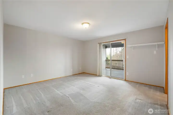 Vast primary bedroom with slider out to deck