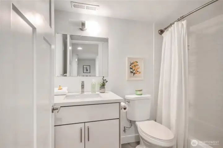 The lower level bathroom includes a bathtub.