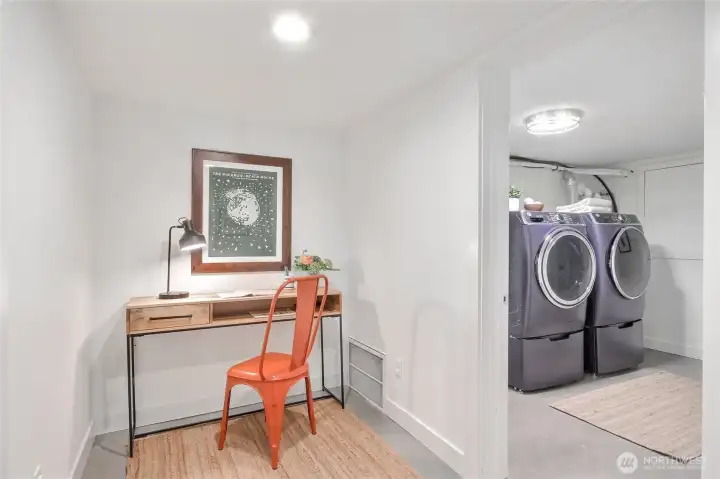 The lower level nook is a great place to set up an in-home office.