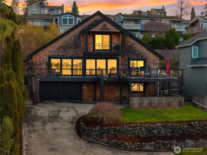 Being located on the hill protects these view. The oversized deck is a perfect place to view the sunset.