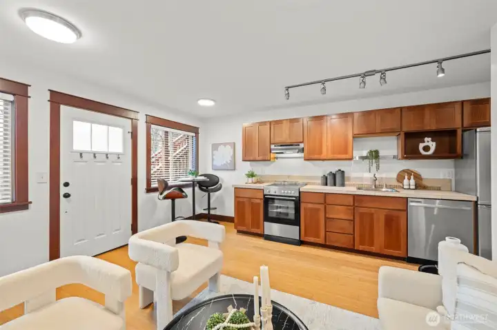 Ample counter space and an eating area