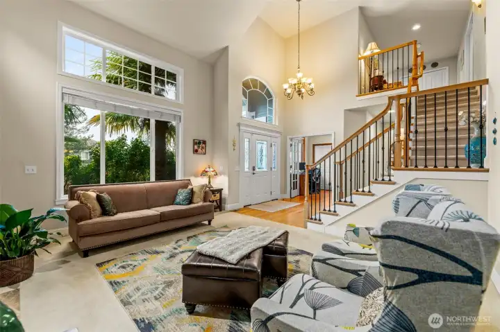 Imposing entry, Abundance of open spaces, vaulted ceilings, walls of windows, skylights make the house bright and light.