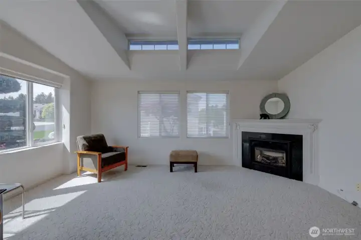 This airy living room features large windows, vaulted skylights & a cozy gas fireplace!