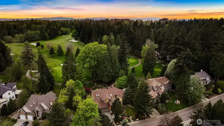Expansive outdoor spaces with decks overlooking lush landscaping and golf course views.