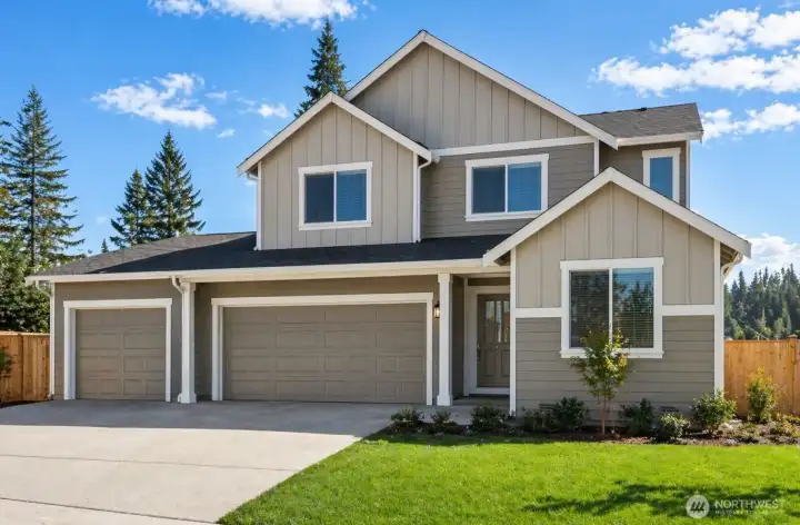 This is an AI generated rendering of the house. a photo of a 2-car version was used