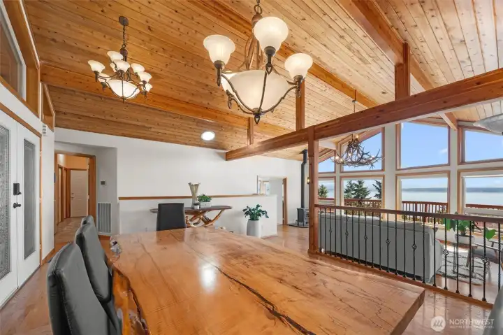 Dining with a view-Enjoy every meal surrounded by soaring cedar ceilings, abundant natural light, and spectacular water and mountain views