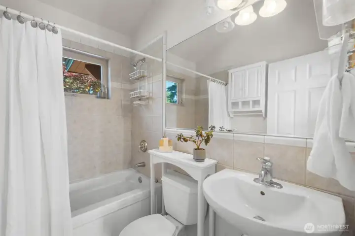 Bright full bathroom with a tub/shower combination and natural light.