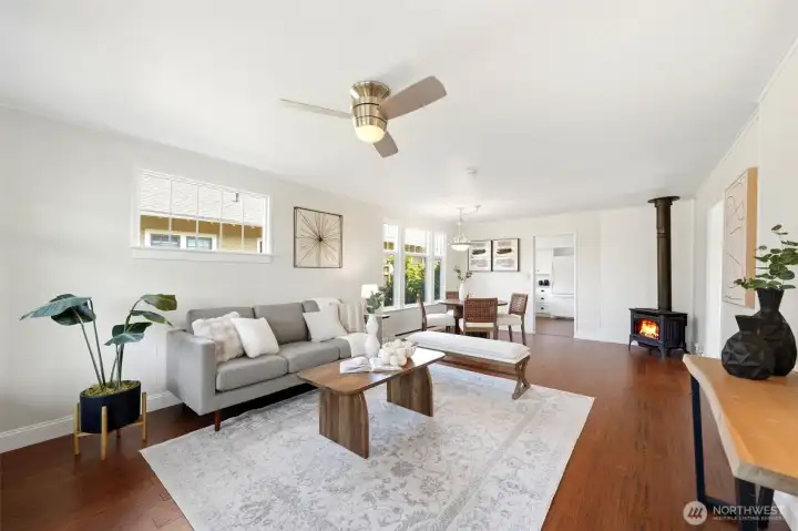 Stay cozy with the free standing gas fireplace