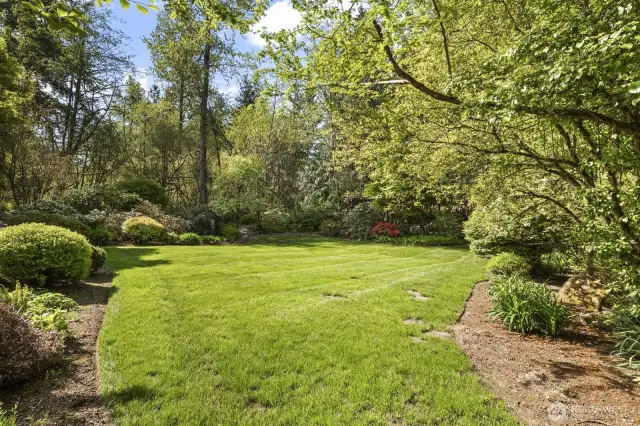 Private west facing, fenced backyard with sprinklers.
