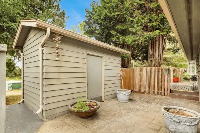 Storage shed in backyard.