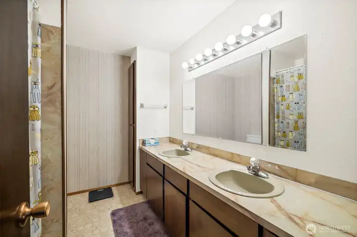 Main bathroom, lots of storage!