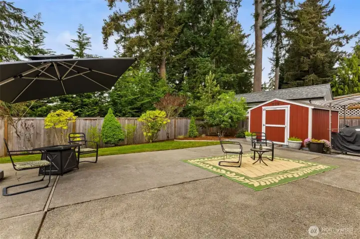 Large concrete patio with shed
