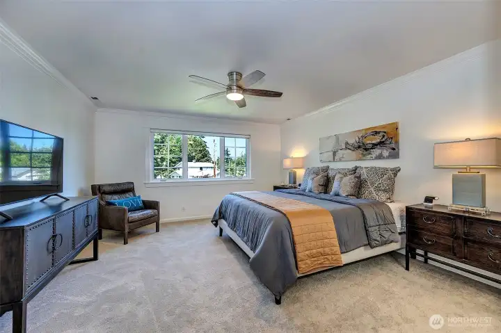 Generous Primary suite, light and bright with spa bath attached. Generous Primary suite, light and bright with spa bath attached.