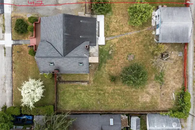 This is the straight top view of the land that is included with the home. Note the parking area west of the home is NOT included with this lot, and is a separate Lot 2 for sale for $125,000.