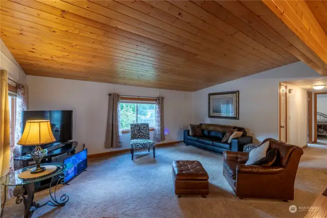 Living room with wood ceilings. Beautiful!