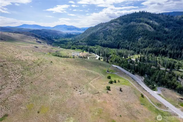 Sky view over acreage looking due East towards Twisp proper