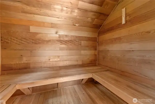 Sit here and soak up the heat.  Sure to be a hit with renters- get those repeat customers coming back for more private sauna action. I suppose you could walk back to the creek for a cold plunge after that.  If you dare!
