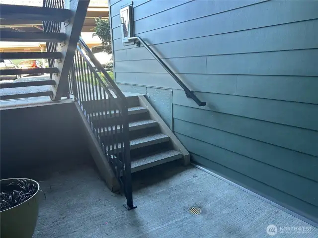 Only 5 steps in or out and plenty of covered space for planters or yard art.