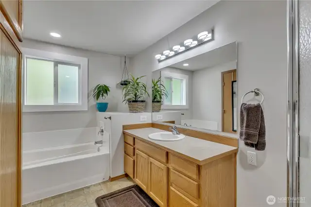 Wonderful primary bath with heated floors and soaking tub