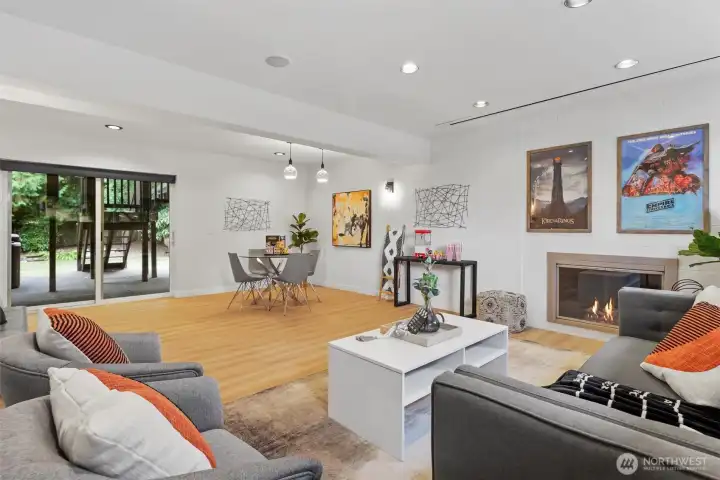 Downstairs rec room with state of the art projector and screen, surround sound speakers