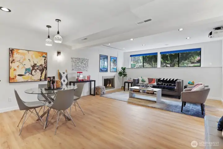 Downstairs rec room with state of the art projector and screen, surround sound speakers