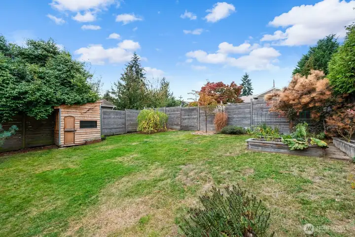 Spacious, fully fenced backyard with lush lawn, raised garden beds, and mature landscaping—ideal for entertaining, pets, or weekend gardening