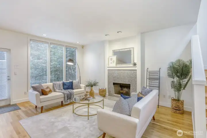 Cozy wood burning fireplace.