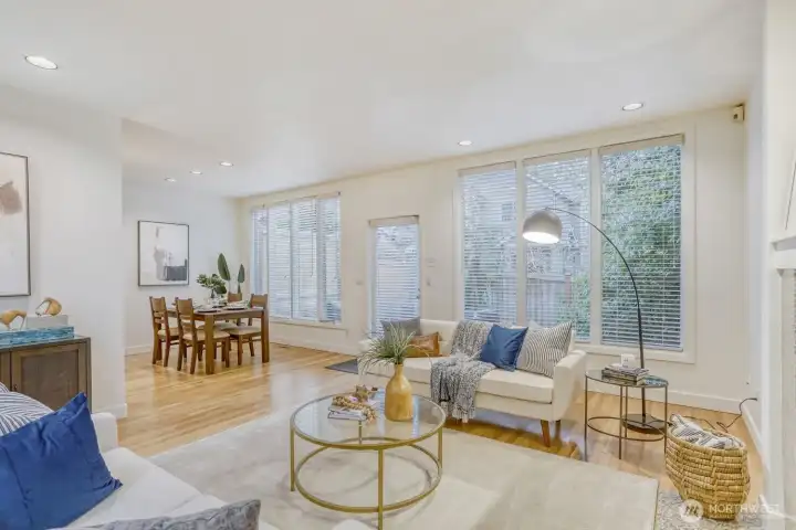 Living room is so open and light.