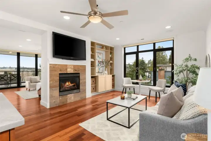 The family room nook is directly adjacent to the kitchen, and opens to the dining and living rooms.