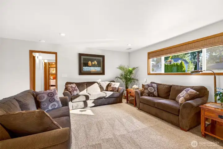 Another view of the lower level shows how flexible the room is, with ample space for multiple uses, media, hobbies, fitness, or a work from home zone. The long window brings in natural light while maintaining privacy.