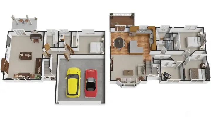 A 3D layout view makes the flow easy to understand: open main level living anchored by the kitchen and dining area, with deck access for indoor outdoor living. Bedrooms are grouped for privacy, including the primary suite with an ensuite 3/4 bath. Downstairs, the family room, additional bedroom, 3/4 bath, and laundry create a highly usable lower level that connects directly to the covered patio, ideal for guests, work from home needs, and everyday flexibility.