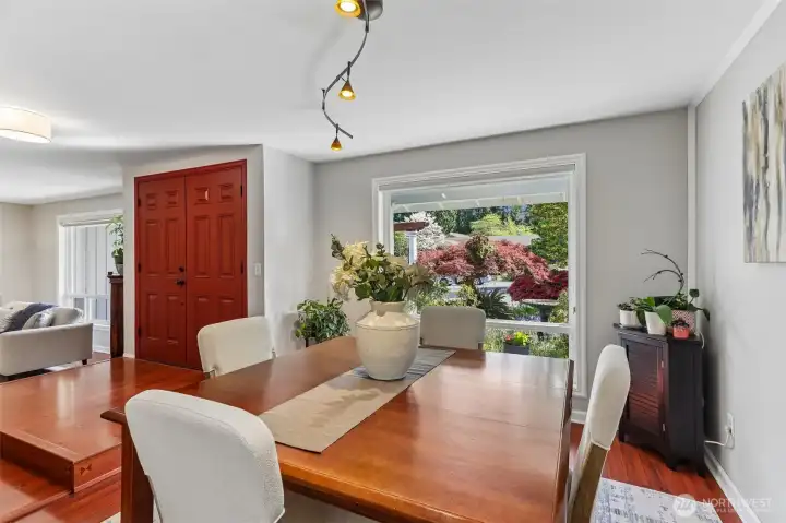Large picture windows in the living and dining room areas.
