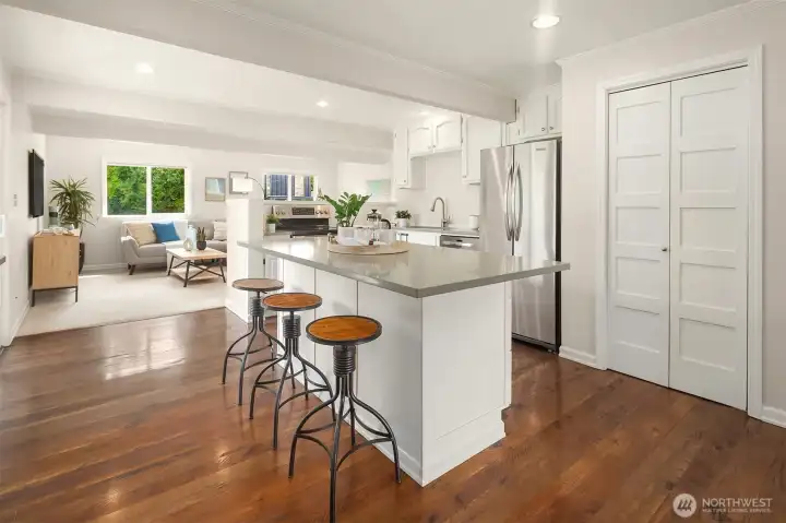 Seamless flow between kitchen and family room.