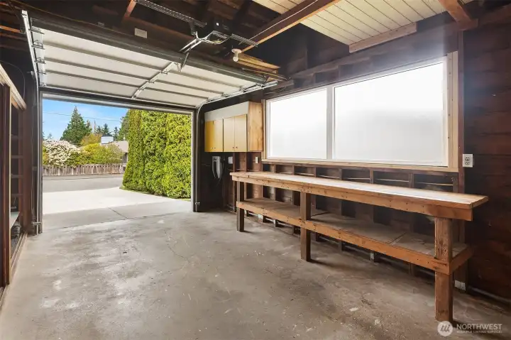Garage with ample storage space.