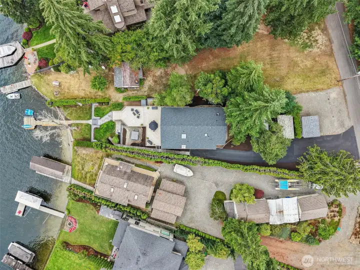 Overhead view showing the property’s Lake Sawyer waterfront position.