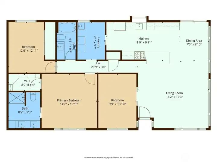 One-level layout with 3 bedrooms, 1.75 baths, open kitchen, dining area, spacious living room, laundry room, and primary suite with walk-in closet.