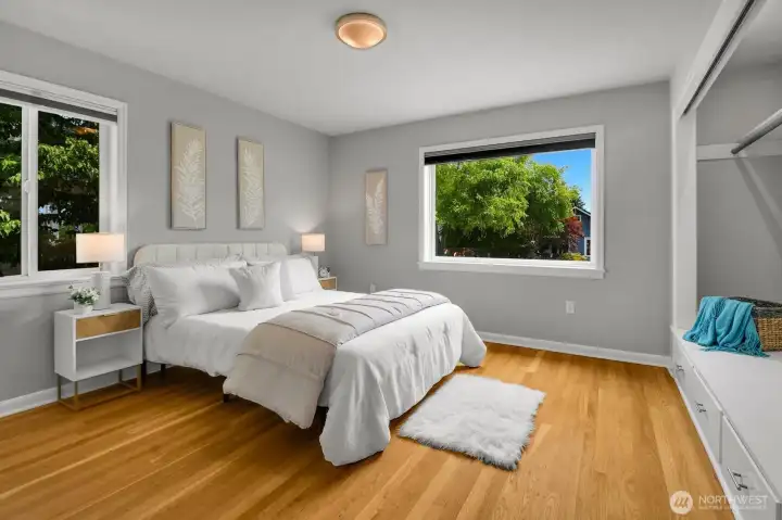 Gorgeous hardwood flooring and closet with built-in drawers and accent lighting. Gorgeous hardwood flooring and closet with built-in drawers and accent lighting.