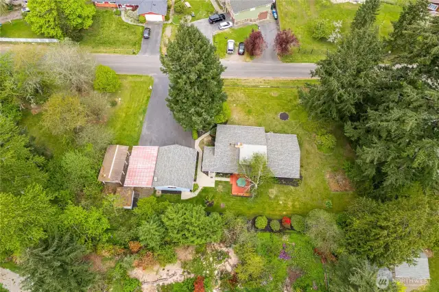 An aerial view from the rear of the property