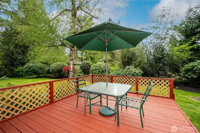 Peaceful and serene, the deck off the Family Room is the perfect place to enjoy your morning coffee or dinner al fresco while admiring stunning flowering trees, shrubbery and bulbs that bloom every year!