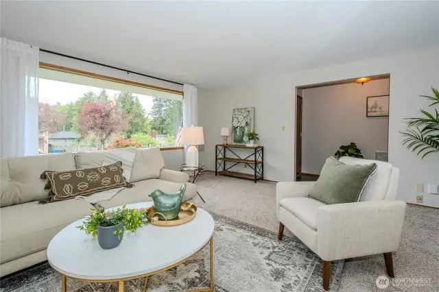 Looking through the Living Room window to pretty front yard views and into the entry