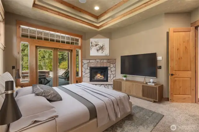 Enter the master suite, a sanctuary with private terrace with outdoor fireplace, indoor fireplace, textured artisan walls  and coiffured ceilings.