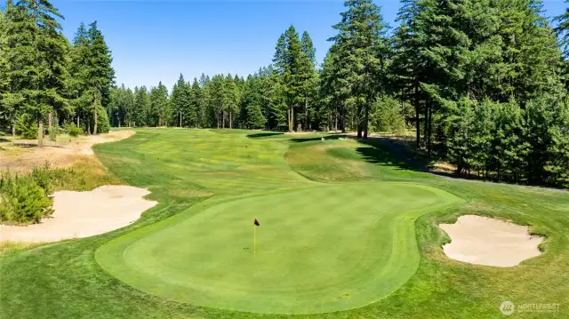 Lush green view of hole #4 on award winning golf course Rope Rider from your back patio.