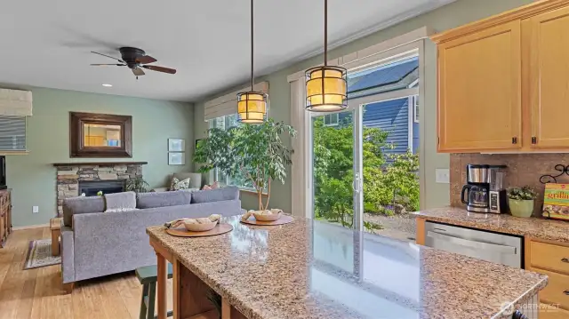 Kitchen flows to Living Room