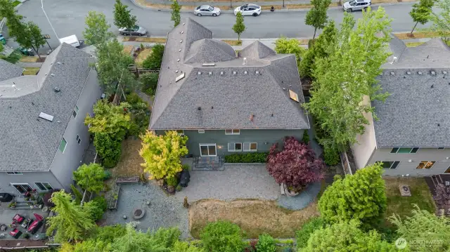 Bird’s-eye view of the home and backyard—plenty of room to relax, play, and entertain