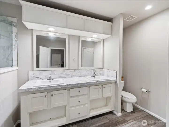 Primary bathroom with large dual sinks