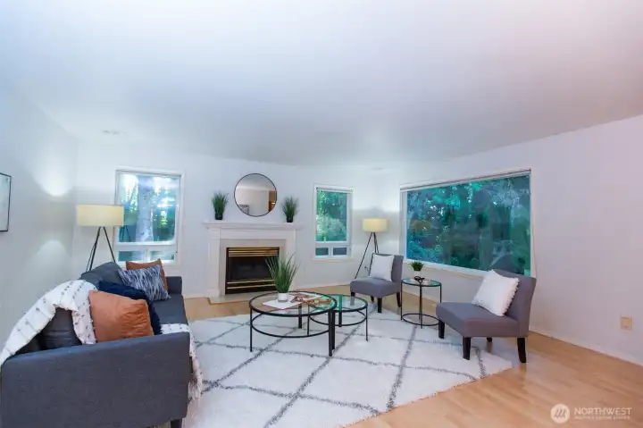 Huge living room has cozy gas fireplace & large windows bringing the outdoors in. Extra insulation & dual pane windows PLUS custom removable 3rd panes ensure peaceful living.