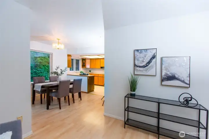 View from living room to dining and kitchen beyond.