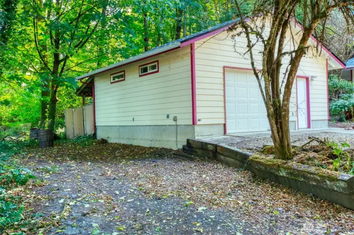 RV parking with power & water beside shop.