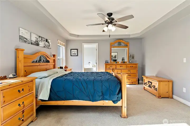 Primary bedroom with ceiling fan.