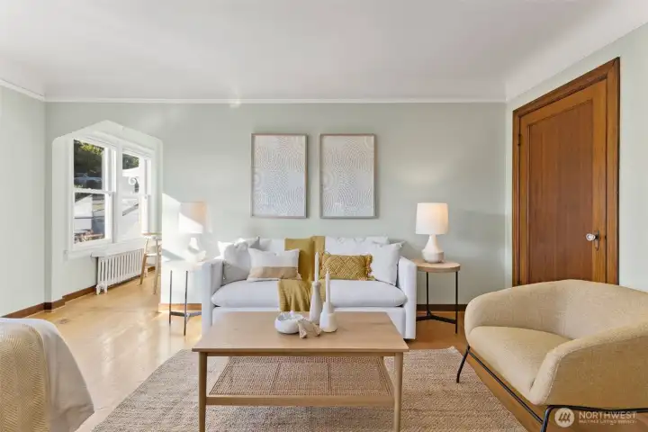 Open space for this studio; plenty of room for a bed and living room set.